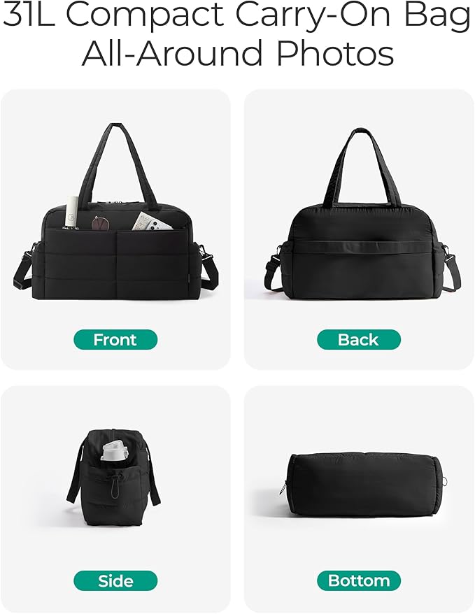 BAGSMART Gym Bag for Women, Lightweight Puffer Duffle Bag 2-PC Travel Bag, 31L Weekender Overnight Bag Quilted Carry On Tote Bag, Diaper Hospital Dance bag for Travel, Gym, Water Resistant, Black