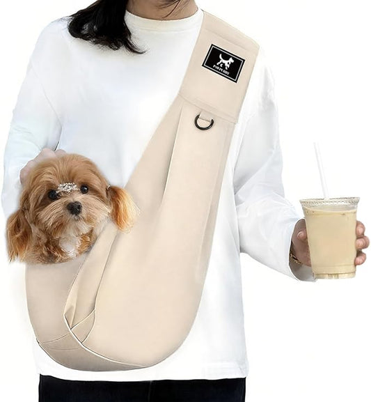 PAWPUBBY Dog Sling Carrier, Hands-Free Puppy Carrier Bag for Small Dogs & Cats 8-15 lbs, Adjustable Padded Shoulder Strap, Double Safety Buckles, Soft Pet Sling for Outdoor Travel, Apricot, L