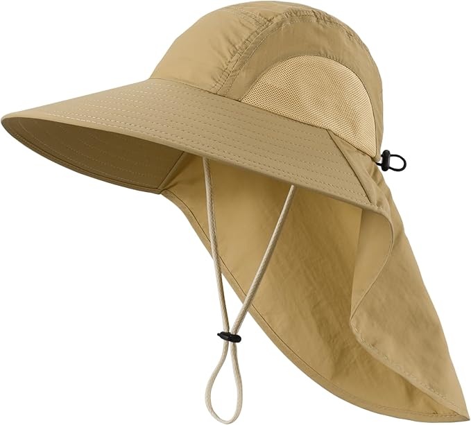 LLmoway Wide Brim Sun Hat with Neck Flap for Men Women Summer Outdoor UV Protection Breathable Fishing Hats with Strap