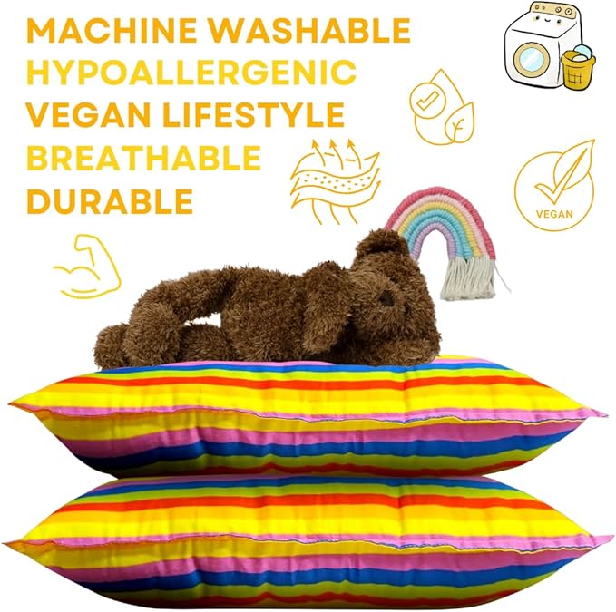 kinder Fluff Toddler Pillow (2Pk) 13x18in – Small Pillow for Kids Age 2+, Bright Rainbow Design, 100% Cotton Sateen Stripe 300T, Down Alternative Fill, Machine Washable, Colourful Kids Cushion - S