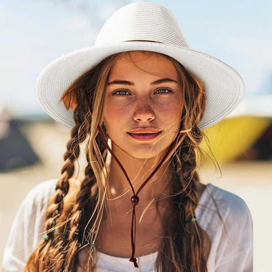 DRESHOW Women Straw Panama Hat Travel Fedora Beach Sun Hat Summer Wide Brim Straw Roll up Hat UPF 50+