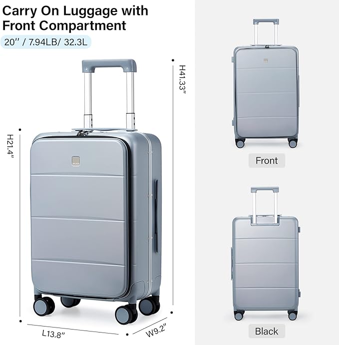 MILADA Carry On Luggage 22x14x9 Airline Approved Spinner Wheels TSA Luggage Hard Shell Suitcases Front Opening Pocket For Women Men Rolling Aluminum Frame Travel Luggage 20 Inch, Grey