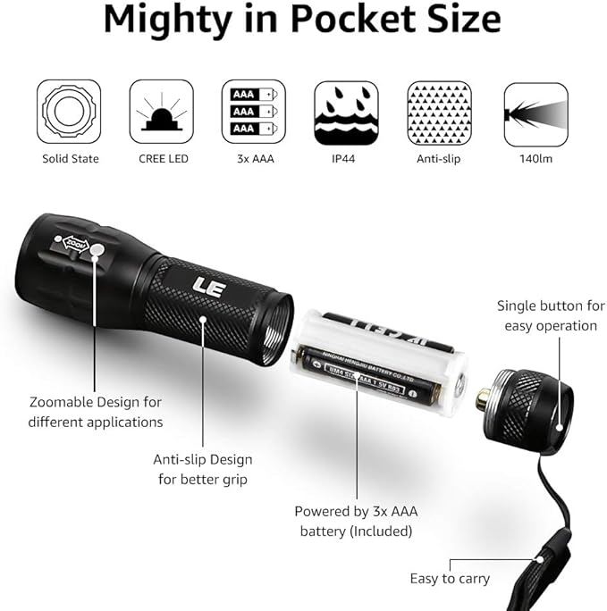 Lighting EVER LED Flashlights High Lumens, Small Flashlight, Waterproof, Adjustable Focus Flash Light for Outdoor, Emergency, AAA Batteries Included, Tactical & Camping Accessories