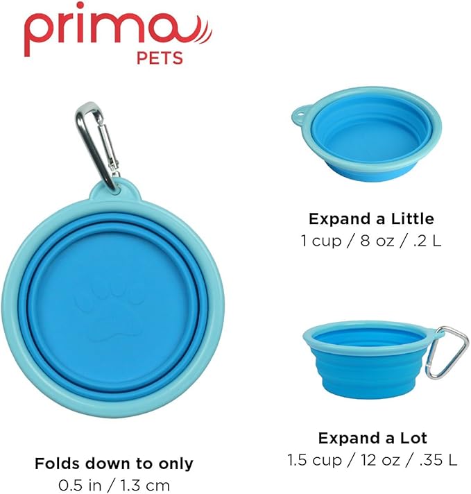 Prima Pet Expandable/ Collapsible Silicone Food & Water Travel Bowl with Clip for Small & Medium Dog and Cat, Size: 1.5 Cups (5.1 Inch Diameter Bowl) (AQUA)