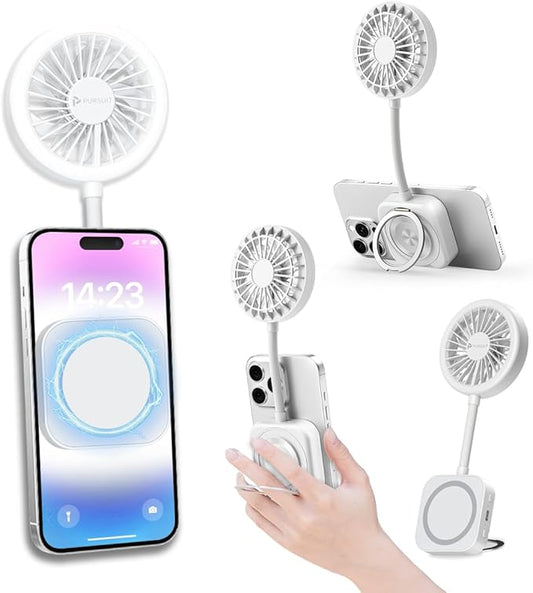 Magnetic Portable Fan Magsafe Compatible Mini Personal Fan with 3-Level Ring Light and Adjustable Hands-Free Phone Mount, Ultra-Lightweight 6000RPM Powerful table fan for iPhone, Desk, Car & Outdoor