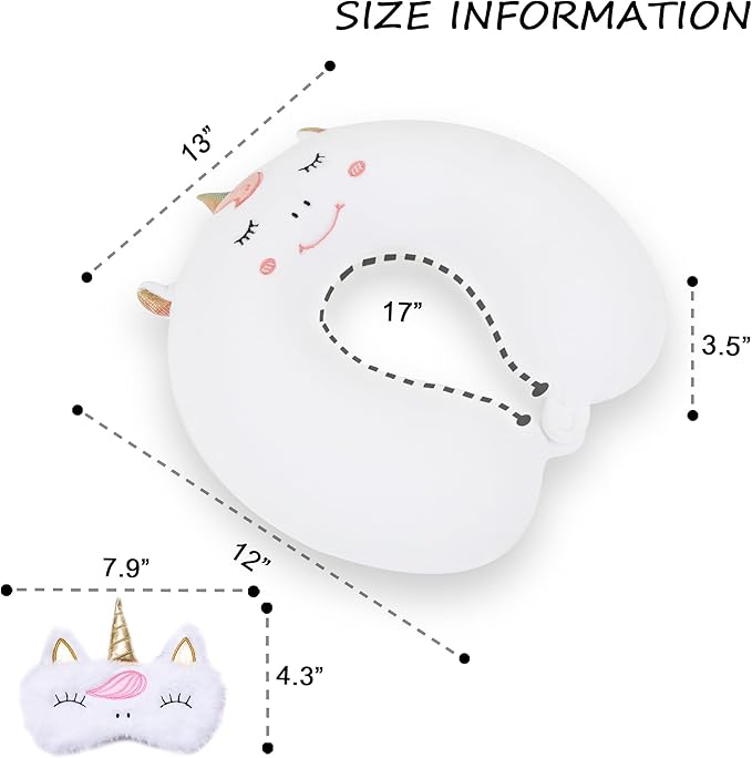 Sexysamba Cartoon Headrest & Neck Pillow for Kids Boys & Girls, Teens, Travel Accessories for Recline, Car, Airplane, Memory Foam Cute Travel Pillow with Sleep Eye Mask - White Unicorn