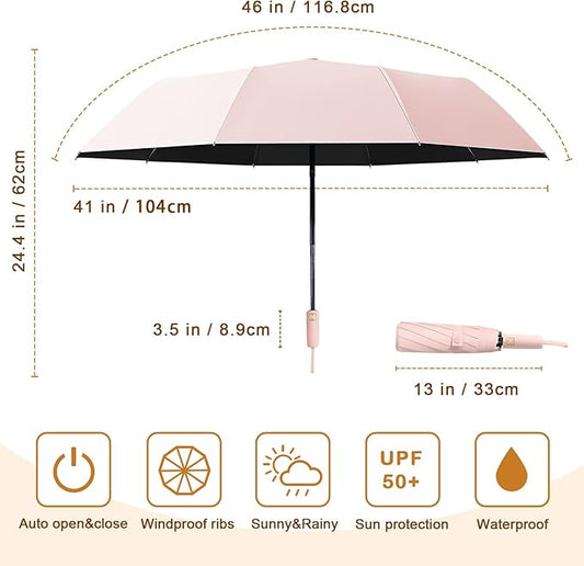2-Pack Windproof, Waterproof, UV-Blocking Portable Travel Umbrella, Compact Sun & Rain Folding Umbrella, Double Rib Structure, Large Auto Open and Close Car Umbrella