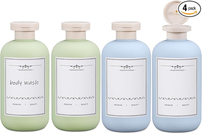 ASEVAT 10oz 4Pcs Plastic Refillable Travel Shampoo & Conditioner Bottles With Flip Cap