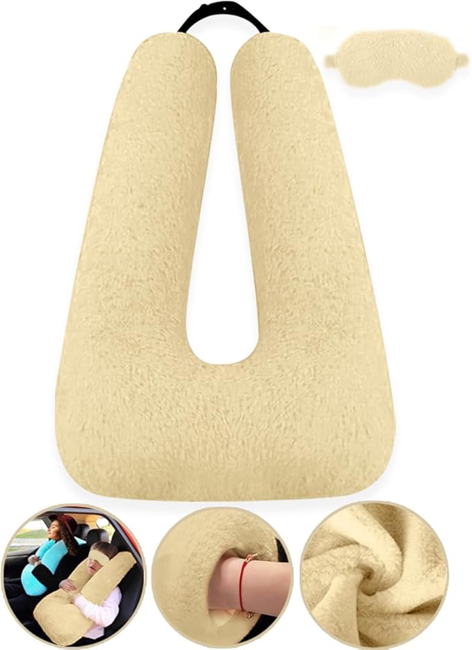 Sexysamba Travel Pillow with Sleep Mask Set Car Pillow Kids Travel Pillow for Sleeping U Shaped Car Seat Pillow Head Neck Body Support for Kids and Adults Road Trip Accessories,Apricot