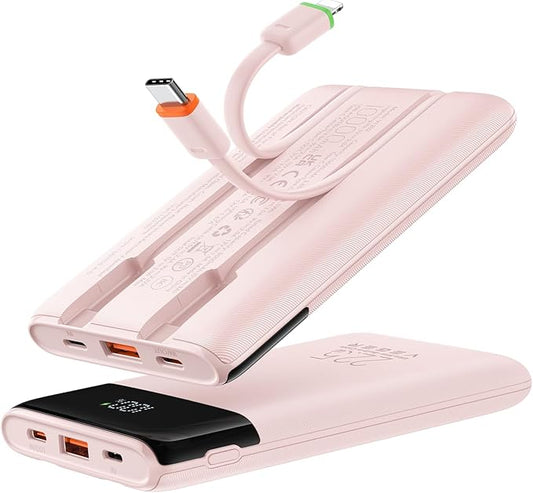 VEGER Portable Charger with Built in Cables, Slim 10000mAh PD 22.5W Fast Charging USB C Power Bank, 4 Outputs 3 Inputs Battery Pack Compatible with iPhone 16e 15 14 13 Samsung iPad - Travel Essential