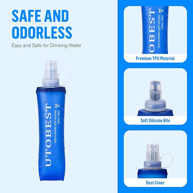 Soft Flask, 2 Pack Soft Flask Running Bottles 250 ml,TPU Foldable Running Flask, Portable Collapsible Flask Handheld for Travel Traveling Hiking Cycling City Walk