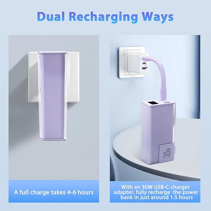 Miady Portable Charger Built-in Foldable Wall Plug, PD 30W 10000mAh Compact Power Bank has USB-C Cable & LED Display, Travel Essential Battery Pack Compatible with iPhone Galaxy Smartphones (Purple)