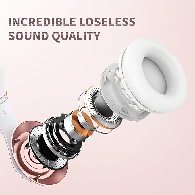 Uliptz Wireless Bluetooth Headphones, 65H Playtime, 6EQ Sound Modes, HiFi Stereo Over Ear Headphones with Microphone, Foldable Bluetooth 5.3 Headphone for Travel/Office/Cellphone/PC (Rose Gold)