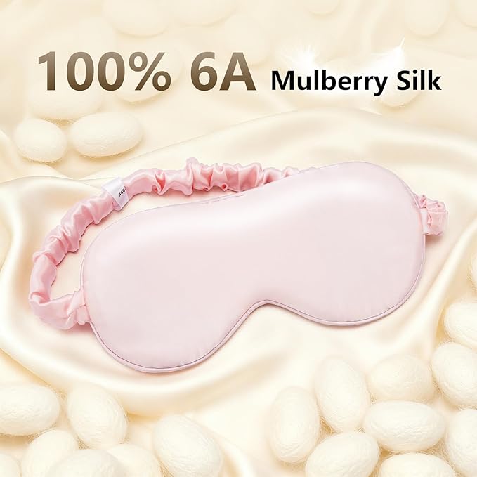 100% Pure 6A Mulberry Pink Silk Sleep Mask for Women and Men, Adjustable Blackout Eye Cover, Breathable Travel Eye Mask for Sleeping, Zero Pressure Comfort