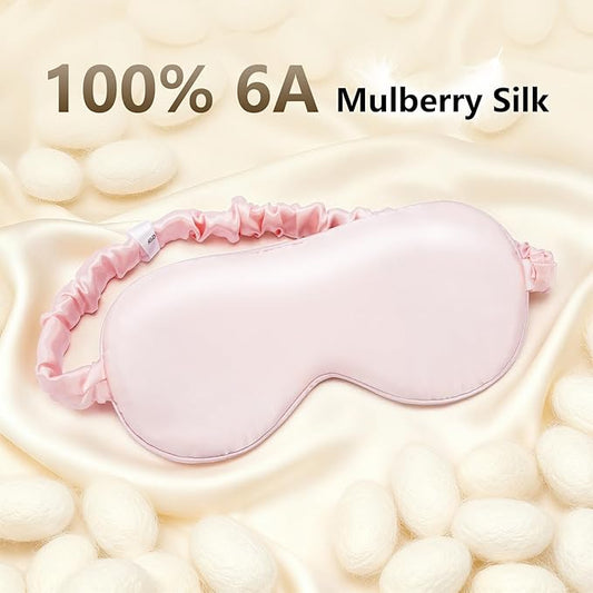 100% Pure 6A Mulberry Pink Silk Sleep Mask for Women and Men, Adjustable Blackout Eye Cover, Breathable Travel Eye Mask for Sleeping, Zero Pressure Comfort