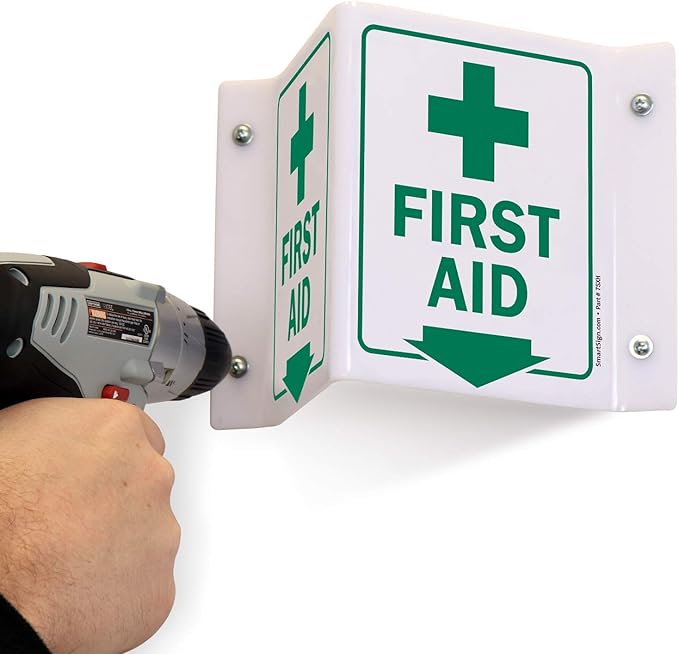SmartSign"First Aid" Projecting Sign with Down Arrow | 5" x 6" Acrylic
