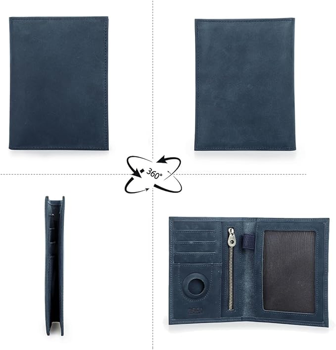 CONTACTS Full Grain Leather Airtag Passport Holder RFID Blocking Travel Passport Wallet Slim Passport Cover Case with 4 Cards Slots, Coin Pocket (Blue)