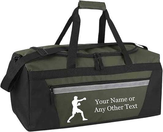Personalized Sports Duffel Bags for Men and Women - 22” Customized Travel Duffle with Name & Boxing Design - Water Resistant Two-Toned Overnight Weekender Bag - Army Green