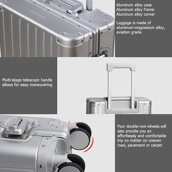 25-inch Aluminum Checked Luggage: Silver - Full Metal Shell - Crush-Resistant & Burst-Proof, TSA Lock & Spinner Wheels for Business Travel - Men Women
