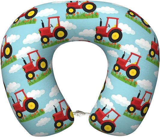 Travel Pillow Chin Neck Support, Comfortable Airplane Car Pillows for Rest, Memory Foam U Shaped Office Home Nap Sleeping Cushion Toy Tractor Pattern