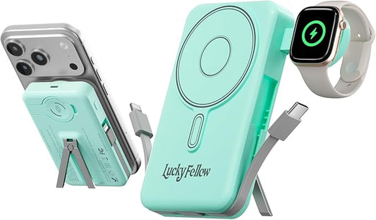 Magnetic Portable Charger Built-in Cables,10000mAh Fast Charging Wireless Charger Station External Battery Pack Slim Pocket Size Power Bank with Stand Compatible with iWatch, iPhone and Android Phones