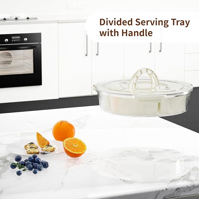 Divided Serving Tray with Lid and Handle, Portable Snackle Box, 6 Compartment Food Container, Travel Snack Box Container for Veggie, Fruit, Candy and Charcuterie