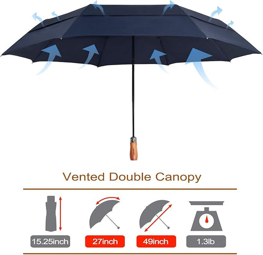 Lejorain Large Folding Golf Umbrella - Compact Mens Umbrellas Travel Rain and Windproof 54inch Collapsible Automatic Open Close Umbrella 210T Teflon Vented Double Canopy