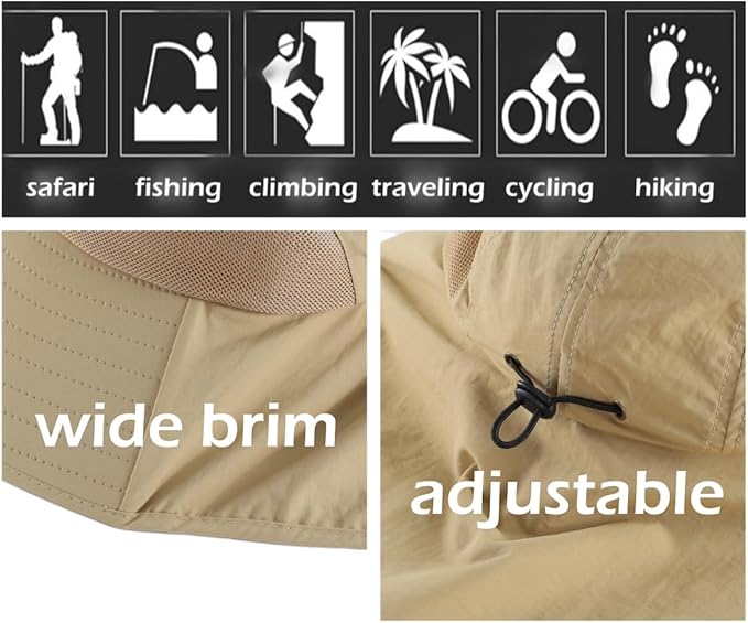 LLmoway Wide Brim Sun Hat with Neck Flap for Men Women Summer Outdoor UV Protection Breathable Fishing Hats with Strap