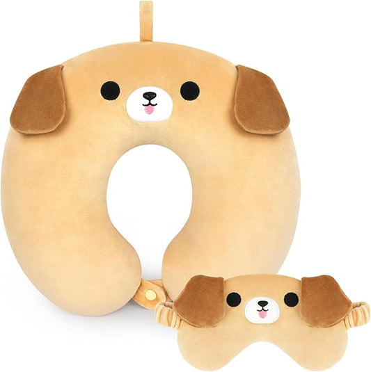 Travel Neck Pillow for Kids Adult, Cute Labrador Kids Travel Pillow with Eye Mask, Cartoon Neck Pillow for Traveling, Soft U Shaped Travel Pillow for Airplane, Car, Recline, Sleeping