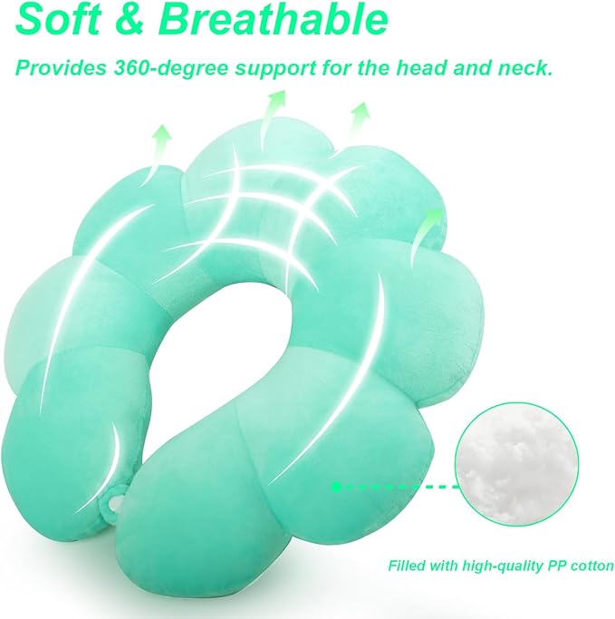 Flower Travel Neck Pillows for Airplanes Breathable Cotton U-Shaped Neck Pillow for Kids & Adults Head Neck Chin Support Rest Pillow for Traveling,Car,Train,Bus,Recline,Home,Office,Light Green