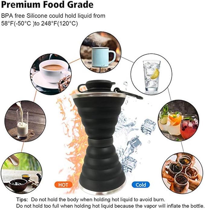 Collapsible Water Bottle, Camping Cup With Carabiner, Reuseable Silicone Foldable Leak Proof Portable Sports Travel Water Bottles For Outdoor, Travel Gym Hiking, BPA Free, Cycling Cups with Carabiner