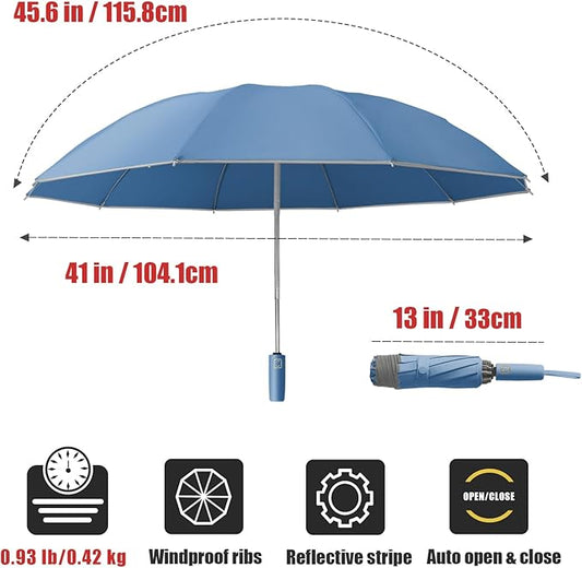 Large Windproof Travel Umbrella, Portable Reverse Folding Car Umbrella, Compact Inverted Design with Waterproof Canopy, Automatic, 10 Durable Ribs, 45.6/13 Inch, Fits Backpack