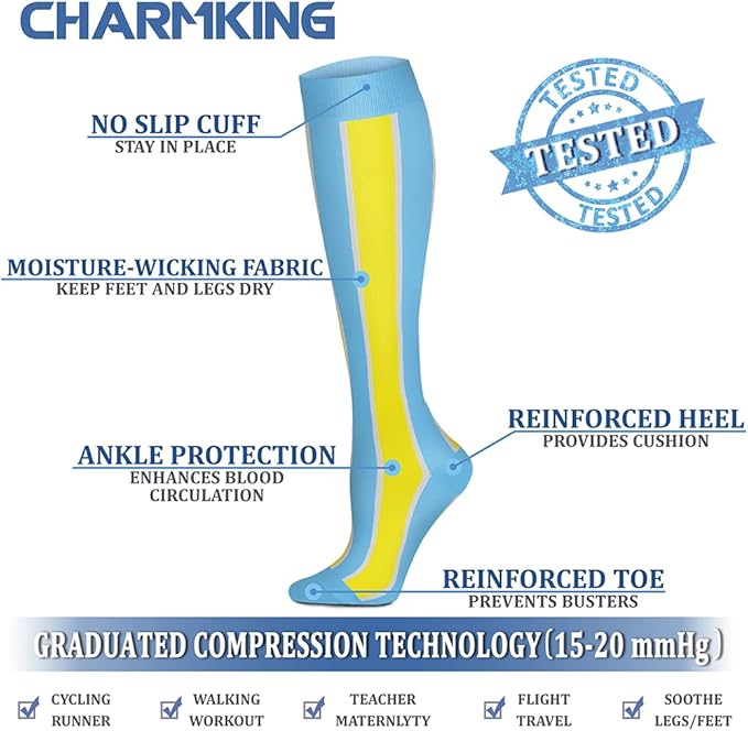 CHARMKING Compression Socks for Women & Men Circulation (8 Pairs) 15-20 mmHg is Best Support for Athletic Running,Cycling
