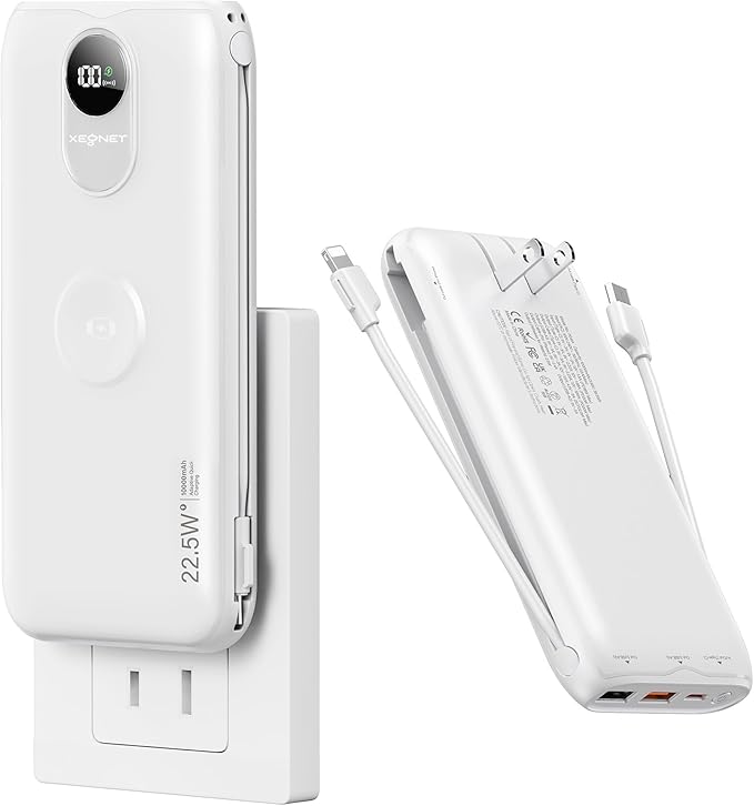 Portable Charger, 10000mAh 22.5W Fast Charging Power Bank with Built in Cable & Wall Plug, Travel Essential Battery Pack with LED Display, External Charger for iPhone, iWatch 11/10/9/8/Ultra/SE White