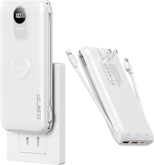 Portable Charger, 10000mAh 22.5W Fast Charging Power Bank with Built in Cable & Wall Plug, Travel Essential Battery Pack with LED Display, External Charger for iPhone, iWatch 11/10/9/8/Ultra/SE White