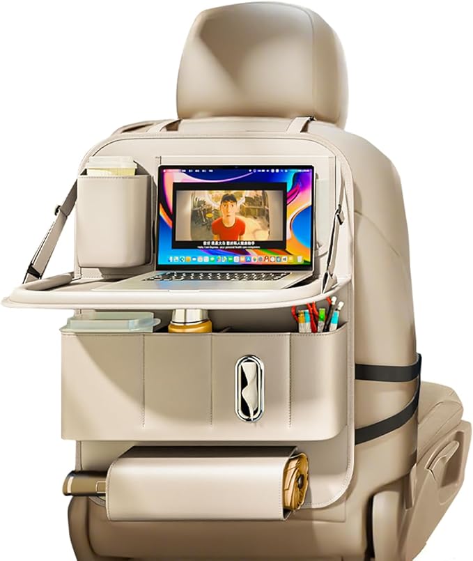 Car Seat Organizers,Multi-functional Back Seat Protectors, Storage Pouches, Child kicking prevention and Tray Holders (for Cars, Kids, Seat Back and Rear Seats) (Beige, 1 Pcs)