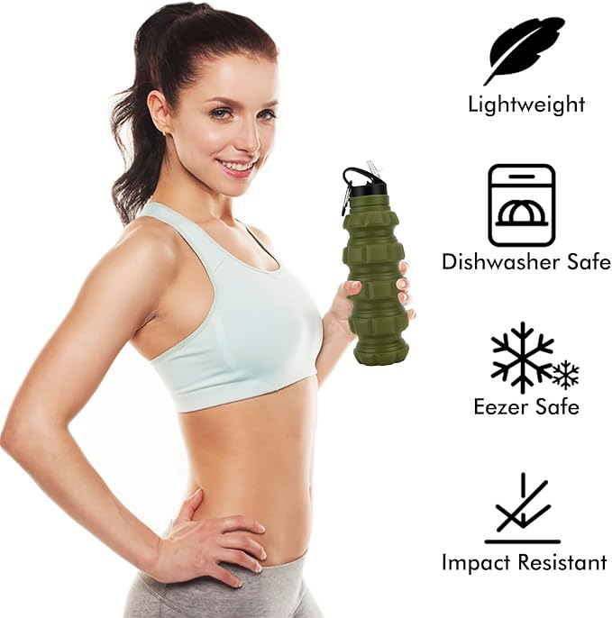 QiCheng&LYS Collapsible Water Bottle Sports Bottle 19.5OZ/580ml Travel Water Bottle for men women kids. BPA Free Food Grade Silicone. (Army green)
