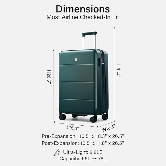 Hanke Expandable 24 Inch Luggage with Spinner Wheels, Hardside Medium Checked luggage, All-PC Hard Shell Suitcase, TSA Lock, Lightweight Checked-Medium (Blackish Green, 76L)