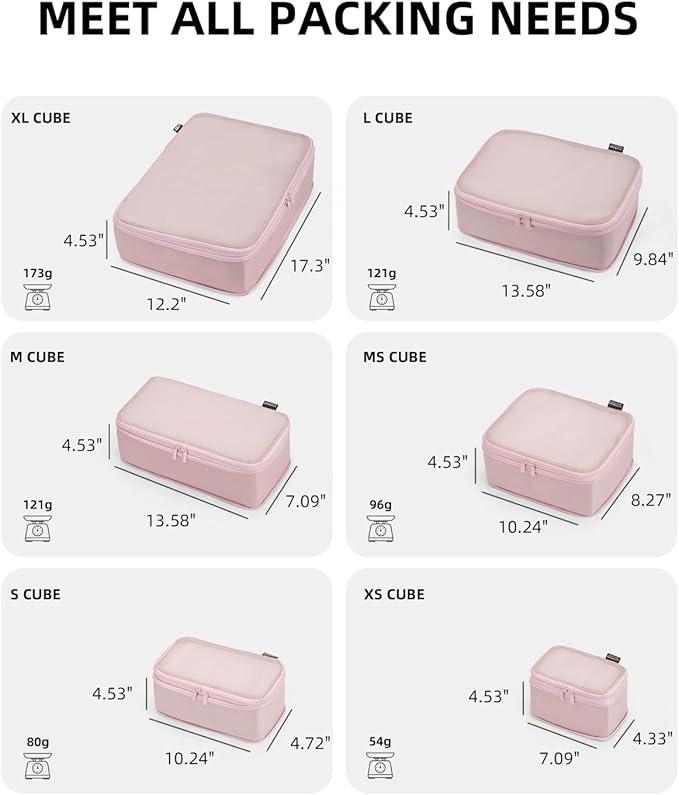6 Set Compression Packing Cubes for Travel, Large Medium Small Luggage Organizers, Storage Bags for Clothes (6 Pack, Dusty Pink)