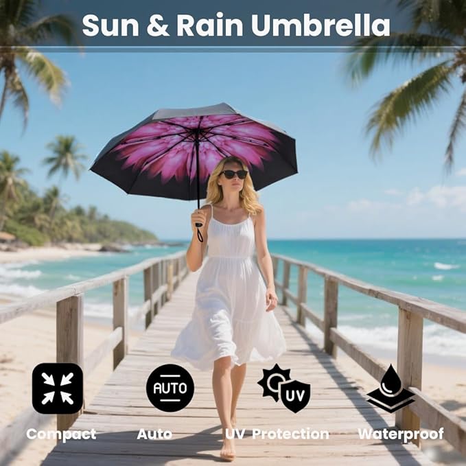 SIEPASA Compact Travel Umbrella - Windproof Auto Open/Close, Lightweight Folding Umbrella wIth Fiberglass Frame & Waterproof Canopy. Fits Backpack/Purse. (Pink Daisies)