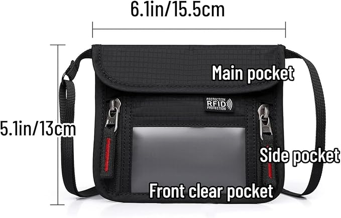 Passport Holder for Travel Pouch Neck Wallet for Traveling Women Men with RFID Blocking Waterproof and Slim Neck Pouch Adjustable Neck Strap (Black(Red zipper))