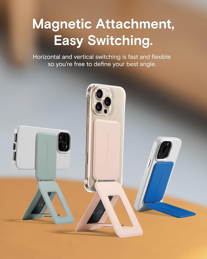 MOFT Phone Stand, Magnetic Phone Tripod Stand Stain-Resistant MOVAS Leather & Angle Adjustment & Strong Magnets Tripod for iPhone 17/16/15/14/13/12 (Included Metal Ring)-Peach Pink