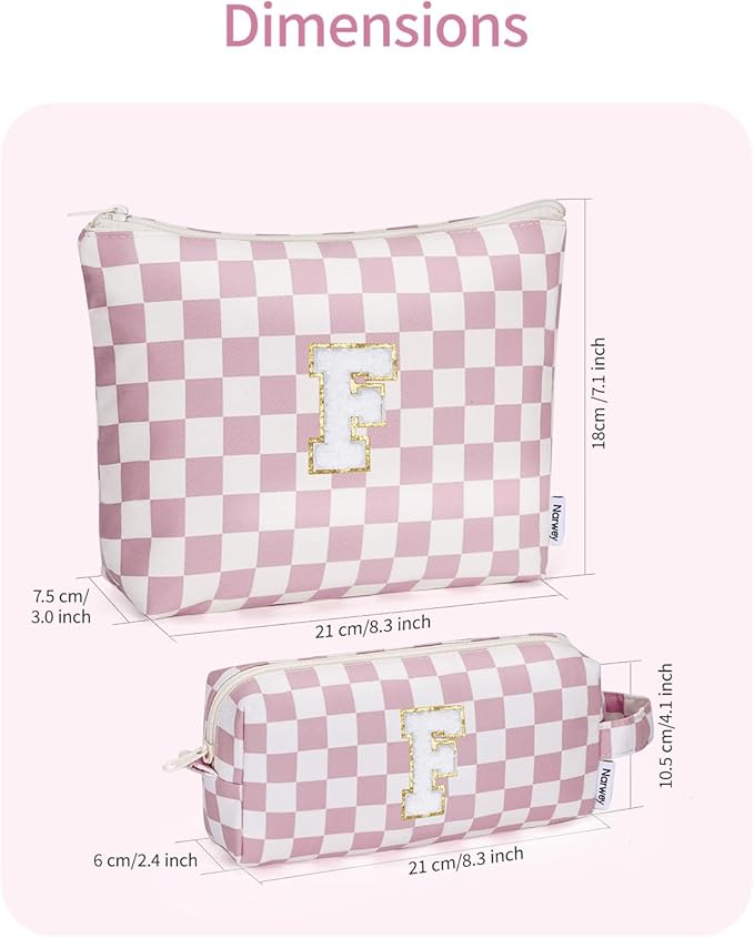 Narwey 2 Piece Personalized Initial Makeup Bag Checkered Cosmetic Bags, 6 8 10 11 12 13 14 16 18 Years Old Teen Girl Gifts Trendy Stuff Birthday Gifts for Women, Travel Toiletry Bag (Pink Letter F)