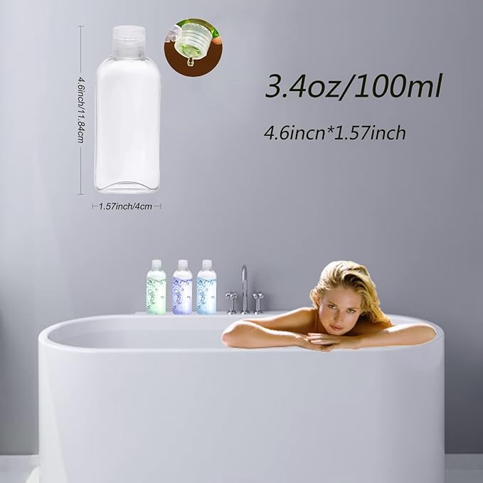 Clear Plastic Empty Squeeze Bottles 18 Pack 3.4oz/100ml with Flip Cap TSA Travel Bottle for Shampoo, Conditioner & Lotion (18 Counts)