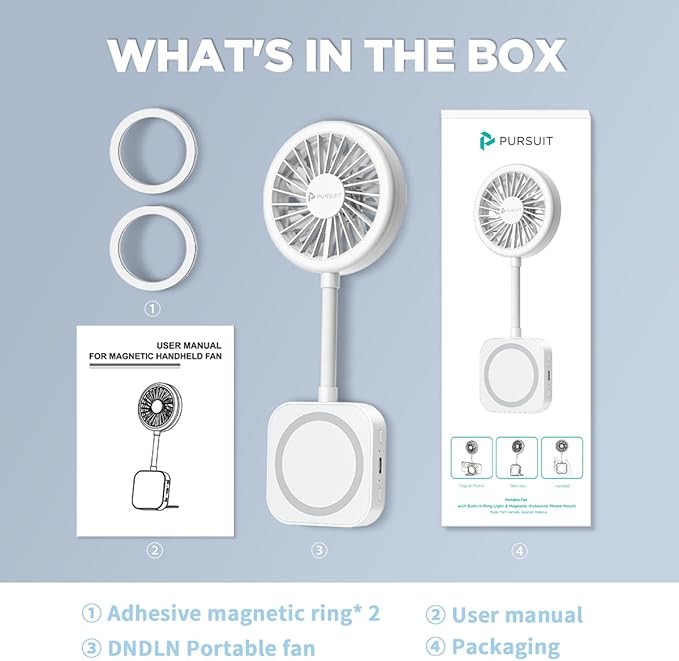 Magnetic Portable Fan Magsafe Compatible Mini Personal Fan with 3-Level Ring Light and Adjustable Hands-Free Phone Mount, Ultra-Lightweight 6000RPM Powerful table fan for iPhone, Desk, Car & Outdoor