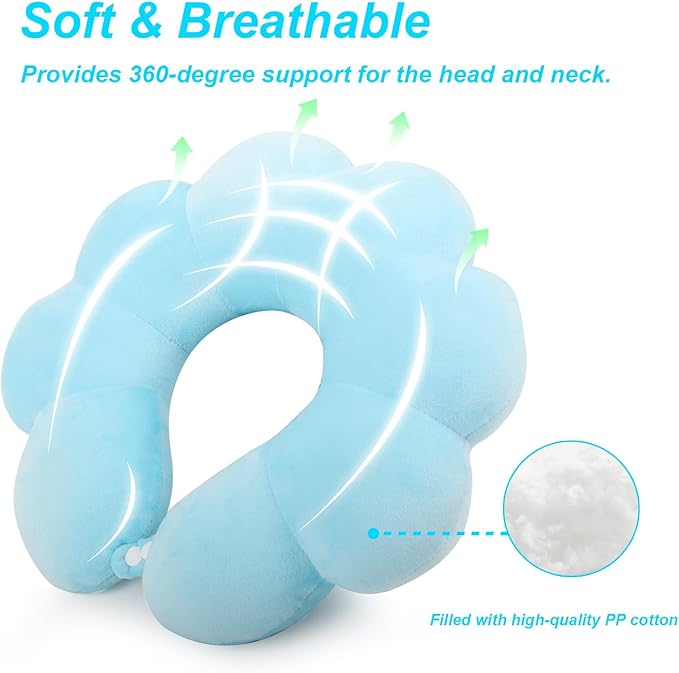 Flower Travel Neck Pillows for Airplanes Breathable Cotton U-Shaped Neck Pillow for Kids & Adults Head Neck Chin Support Rest Pillow for Traveling,Car,Train,Bus,Recline,Home,Office,Light Blue