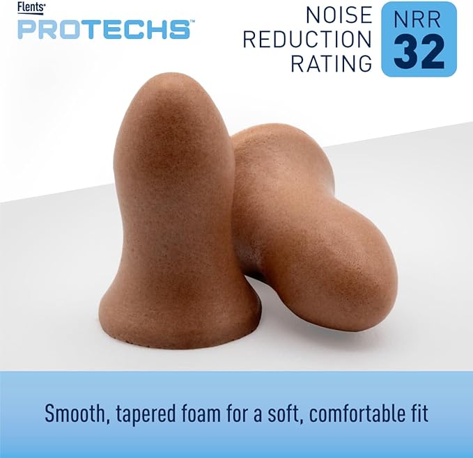 Flents Protechs Disposable Foam Ear Plugs, Contoured for Comfort, Ideal for Work, Loud Noise, Heavy Machinery, Construction, Studying, Shooting & Traveling, NRR 32, Beige, Easy to Use, 50 Pair