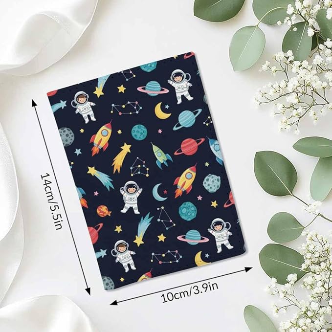 Space Passport Holder for Travel Astronaut Spaceship Rocket Moon Star Planet PU Leather Passport Cover Wallet Cute Passport Card Holder for Women and Men