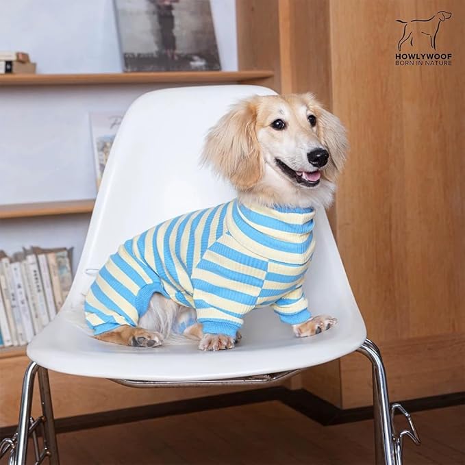HowlyWoof Dachshund Dog Shirt, Thin Striped Base Layer Onesie for Wiener Dogs, Lightweight All-Season Wear, Soft & Comfy Fit for Doxie and Short-Leg Breeds (Blue&Yellow, Size 3(16-21 lbs))