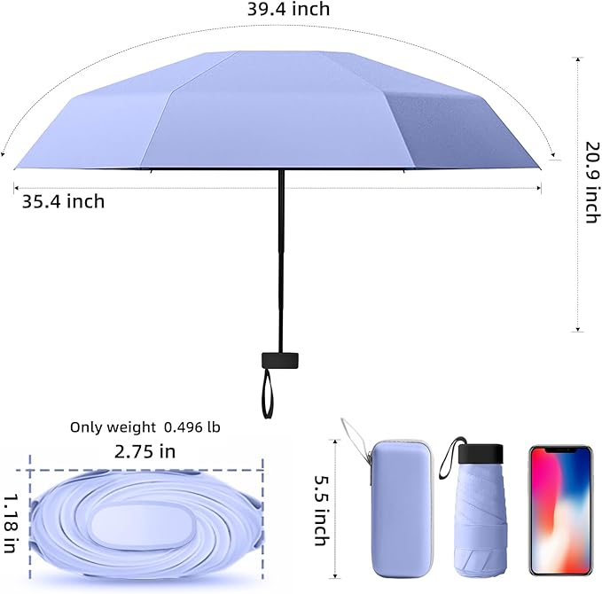 Travel Mini Compact Folding Umbrella with Case - UV Sun & Rain Protection, Lightweight Portable Pocket Umbrella for Women Men Kids, Fits Purse Backpack